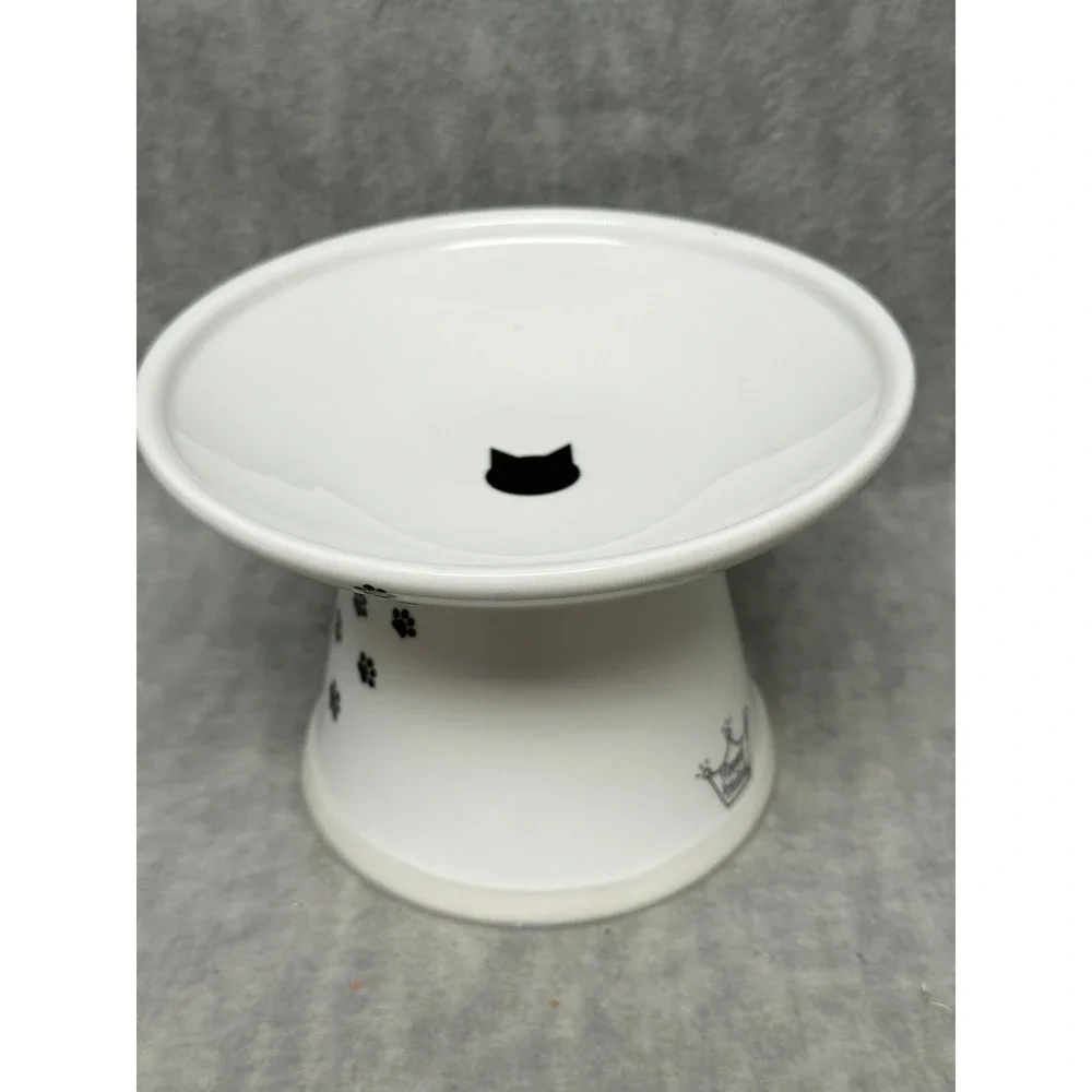 Necoichi Raised Cat‎ Food Bowl White Ceramic Paw Print Happy Dining Kitten